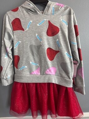 Girls' Gray Kisses Print Hoodie Dress with Red Tulle Skirt